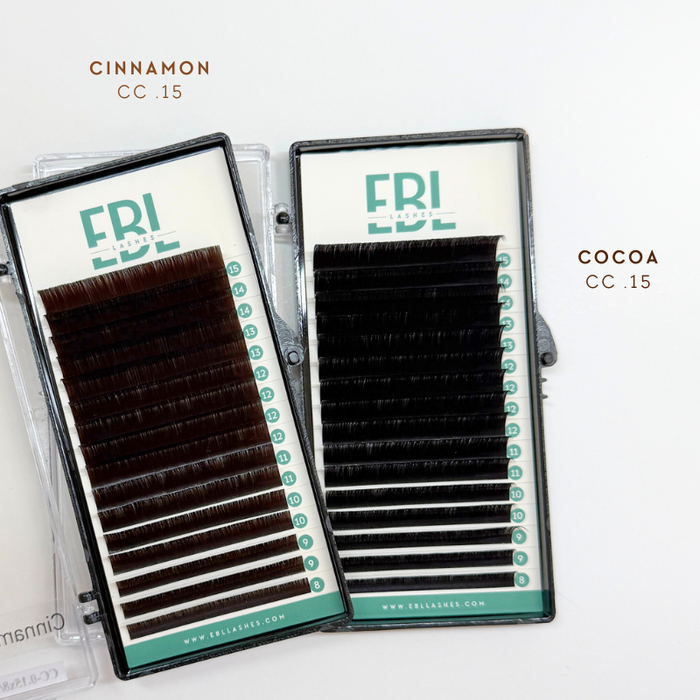 EBL Brown Lash Trays – Cinnamon and Cocoa brown lashes in CC curl, mixed length rows 8mm–15mm, .05 diameter