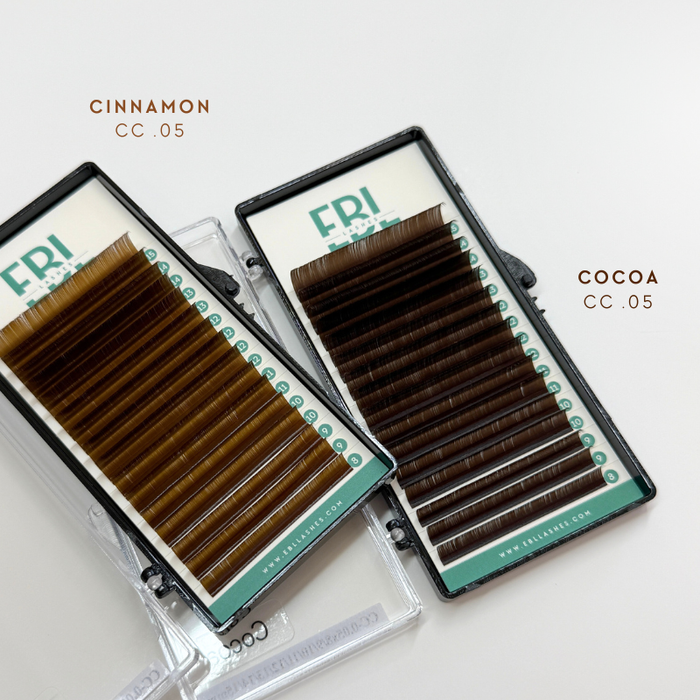 EBL Brown Lash Trays – Cinnamon and Cocoa brown lashes in CC curl, mixed length rows 8mm–15mm, .05 diameter