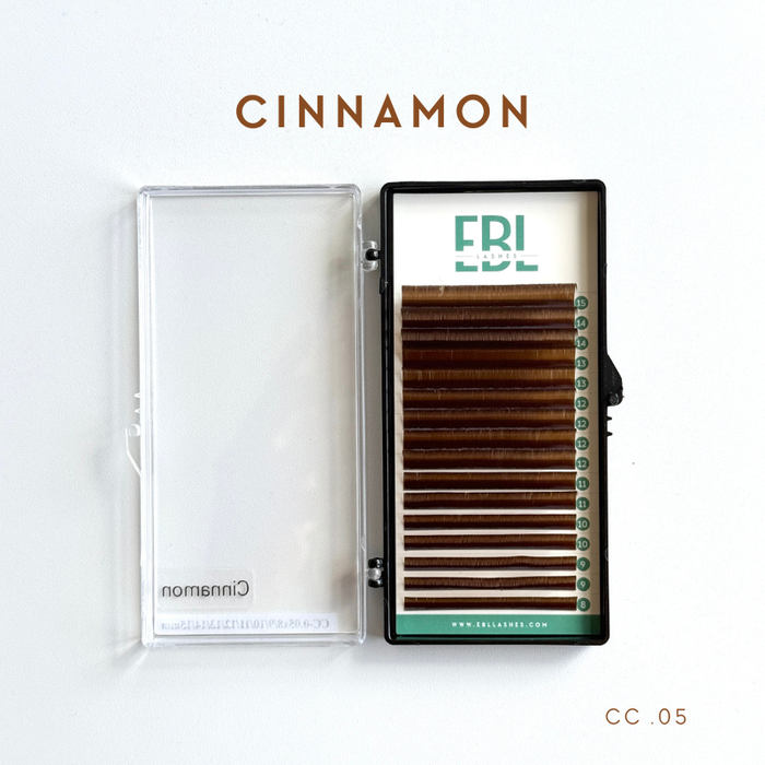 EBL Cinnamon Brown Lash Tray – light brown CC curl lashes in .05 diameter, mixed lengths 8mm–15mm