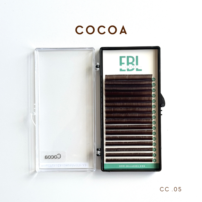 EBL Cocoa Brown Lash Tray – dark brown CC curl lashes in .05 diameter, mixed lengths 8mm–15mm