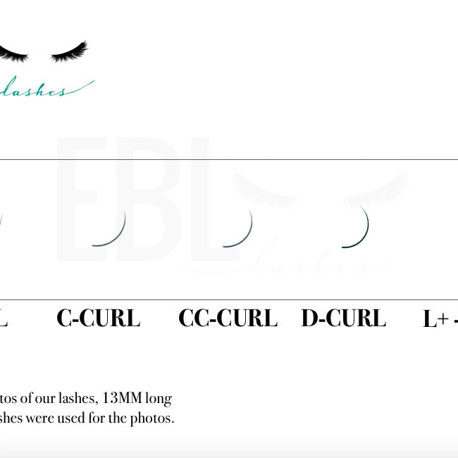 Eyelash extension curl chart B, C, CC, D, and L+ Curl