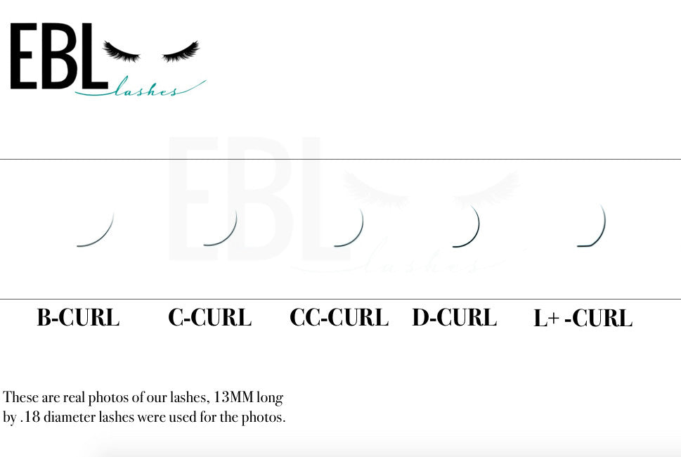 Eyelash extension curl chart B, C, CC, D, and L+ Curl