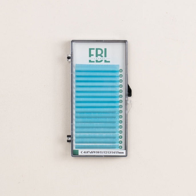 EBL aqua blue eyelash extensions tray in C and CC curl for vibrant lash looks