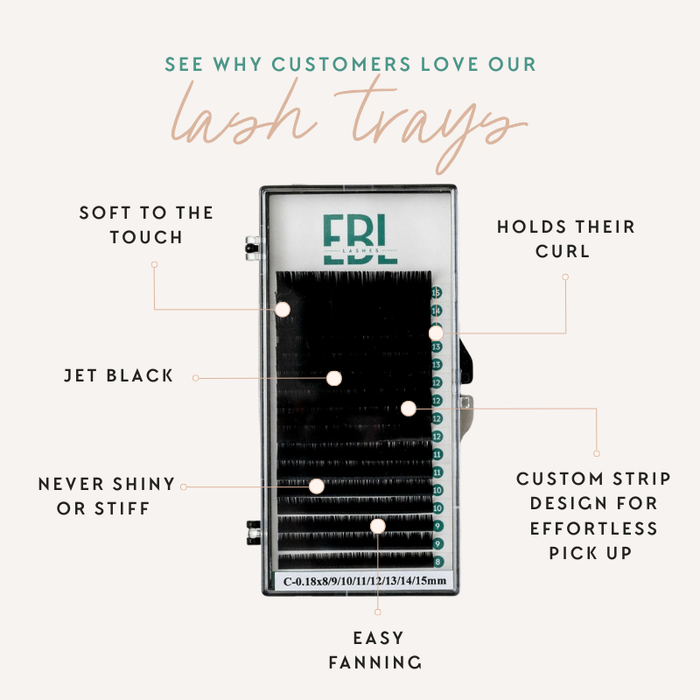 EBL B Curl Lash Tray features – soft to the touch, consistent curl, deep black finish, over 1,600 lashes per tray