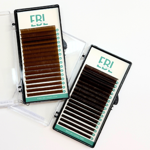 EBL Brown Lash Extension Trays – Cinnamon light brown lashes and Cocoa dark brown lashes in CC curl, .05 diameter