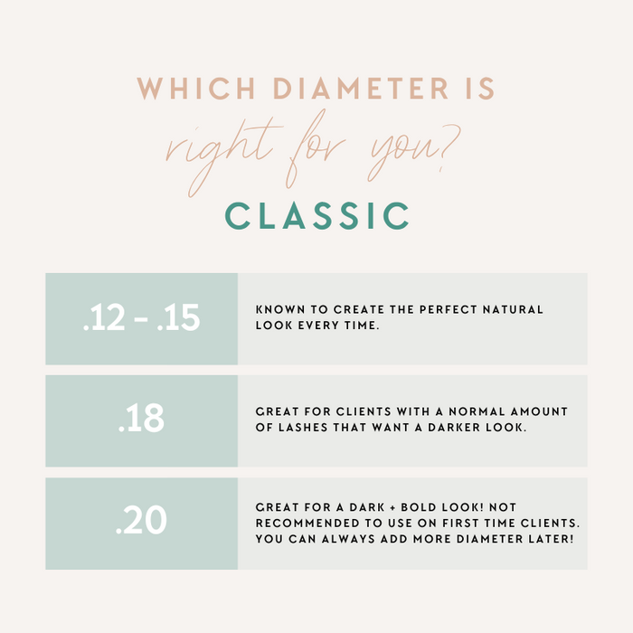 EBL Classic Lash Extensions Diameter Guide – .12 to .20 thickness options for natural, dark, and bold lash looks