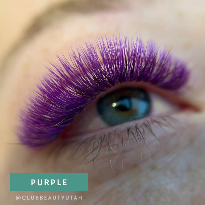Close-up of model with EBL Purple Colored Lash Extensions – vibrant volume lashes for bold eye-catching sets