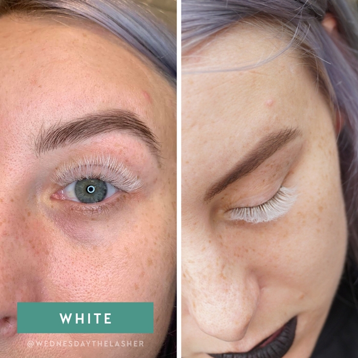 Close-up of model with EBL White Colored Lash Extensions – bold and dramatic lashes for fantasy or artistic lash looks