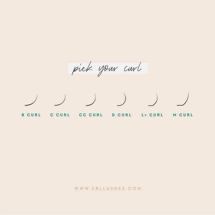 EBL Lash Extension Curl Chart – B Curl, C Curl, CC Curl, D Curl, L+ Curl, and M Curl comparison