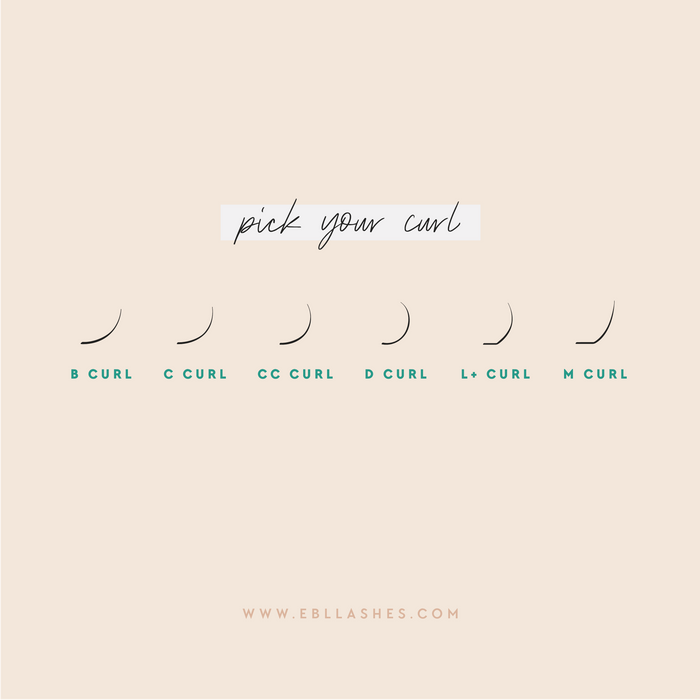 EBL Lash Extension Curl Chart – B Curl, C Curl, CC Curl, D Curl, L+ Curl, and M Curl options for classic lash trays