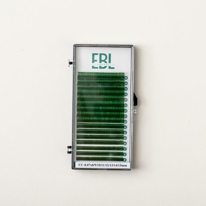 EBL Green Lash Tray in CC and C curl mixed lengths, great for bold lash extensions or accent sets.