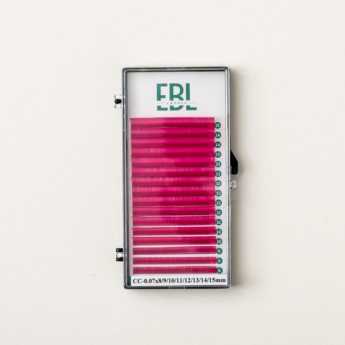 EBL Hot Pink Lash Tray with CC curl extensions, mixed lengths for creating bold, colorful lash sets.