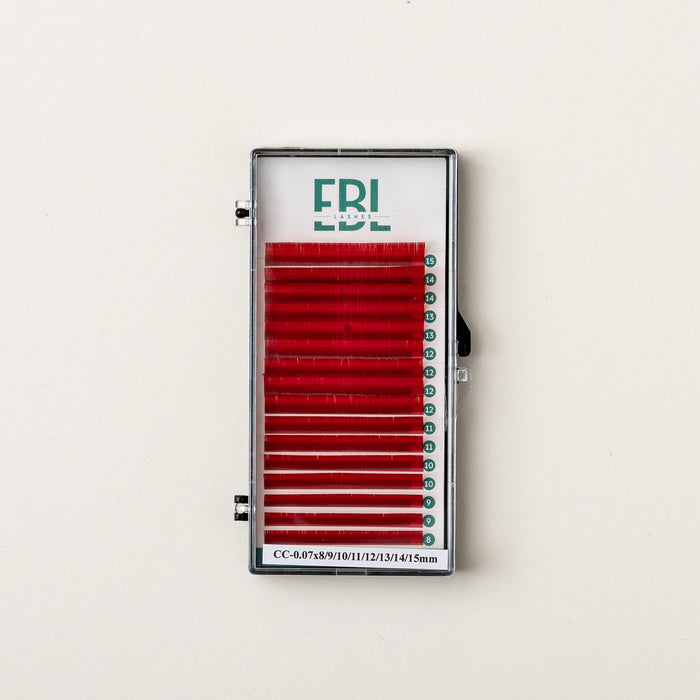 EBL Red Lash Tray in CC curl with 16 rows of lashes, designed for vivid and standout lash looks.