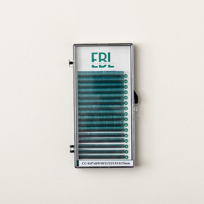 EBL Teal Lash Tray in CC curl mixed lengths, offering vibrant color for unique lash designs.